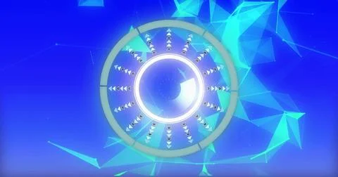 Radiating multi-ringed circular device glowing on deep blue gradient, with cyan Stock Illustration