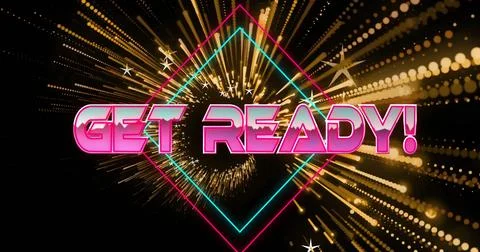 Radiating neon 3D GET READY! text on black backdrop with turquoise-magenta frame Stock Photos