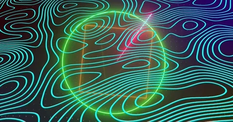 Radiating neon green circle intersecting orange triangle while turquoise contour Stock Footage 330061988