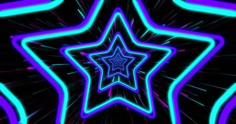Radiating nested neon star outlines creating depth effect in virtual space, with Foto stock