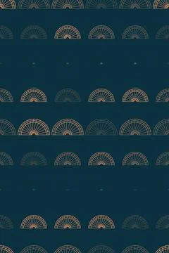 Radiating semicircular ornaments repeat across a dark navy field in warm or.. Illustrazione stock