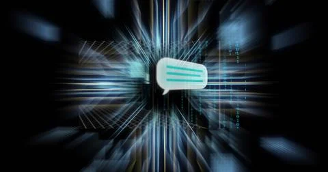 Radiating speech bubble with three teal lines sending radial streaks and binary 写真素材