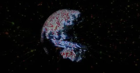 Radiating spherical digital globe streaming colored dots in dark void, with thin Stock Photos