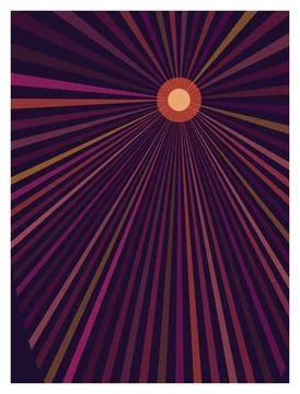 Radiating starburst rays from sun circle on dark purple gradient background. Ilustração Stock