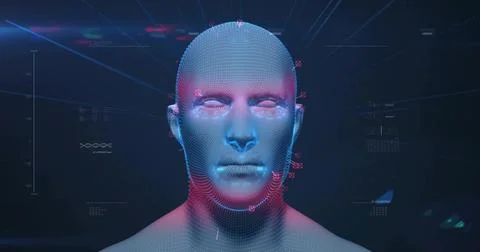 Radiating streaks from 3D wireframe head in virtual chamber, showing biometric Stock Illustration
