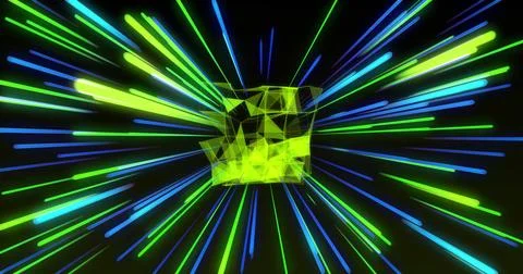 Radiating translucent lime-green core sending neon green blue cyan streaks in 3D Stock Photos