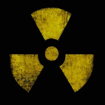 Radiation sign, yellow on black. Nuclear hazard emblem, grunge textured. Radi Stock Illustration