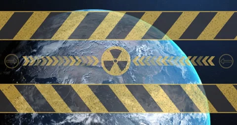Radiation warning animation over Earth from space, highlighting global danger Stock Footage 303877163