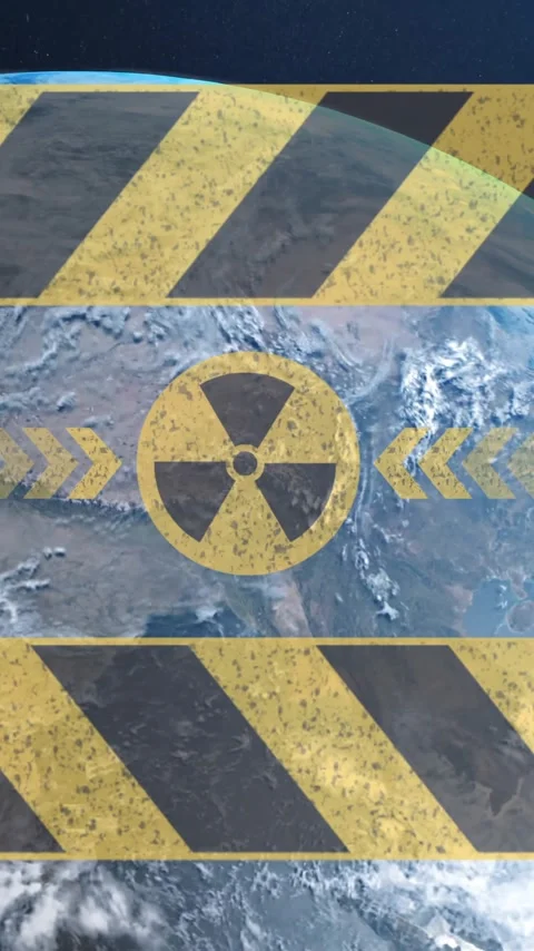 Radiation warning animation over Earth from space, highlighting global danger Stock Footage 342010655