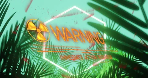 Radiation warning sign with animation over tropical leaves and green background Stock Footage 304160492