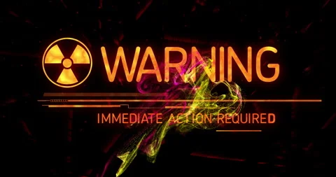Radiation warning sign with Immediate Action Required text over abstract colors Stock Footage 304864284