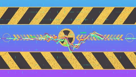 Radiation warning symbol with colorful waveforms over caution stripes animation Stock Footage 304839690