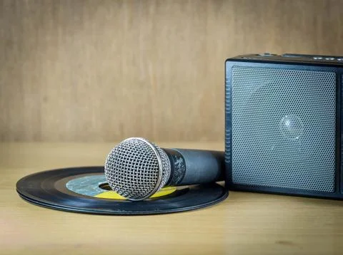 Radio and microphone on table. Stock Photos