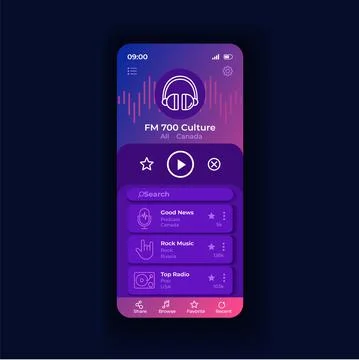 Radio appliation night smartphone interface vector template Illustrazione stock