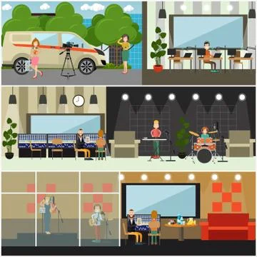 Radio broadcast concept vector flat poster set Stock Illustration