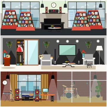 Radio broadcast interior concept vector flat poster set Stock Illustration