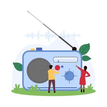 Radio broadcast, tiny people turn knob of retro radio receiver to listen news Stock Illustration