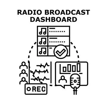 Radio broadcasting dashboard managing audio content and live stream Stock Illustration