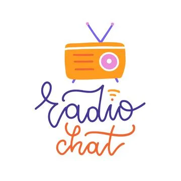 Radio chat logo. Hand written text sticker with abstract vintage radio receiver Stock Illustration