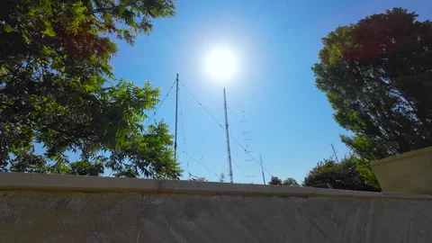 Radio Communication Antenna Tower in a Green Landscape Under Clear Blue Sky Stock-Footage 342963708