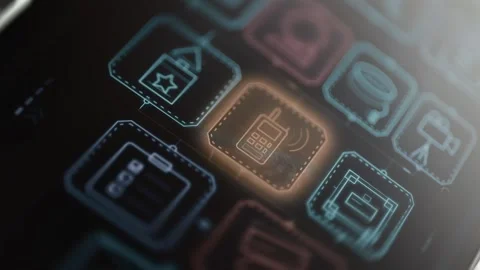 Radio communication tile illuminates within equipment menu Stock Footage 346038414