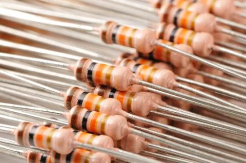 Radio components, color-coded resistors with wire leads Stock Photos
