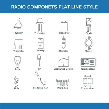 Radio components flat line style Stock Illustration
