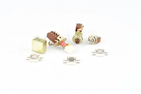 Radio components, vintage, push-button switches, keyboards, relays Stock Photos