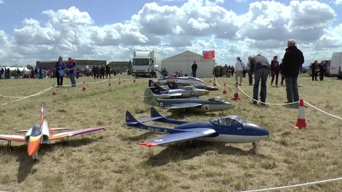 Radio Controlled Model Jets on Display at an Airshow Stock Footage 75734890