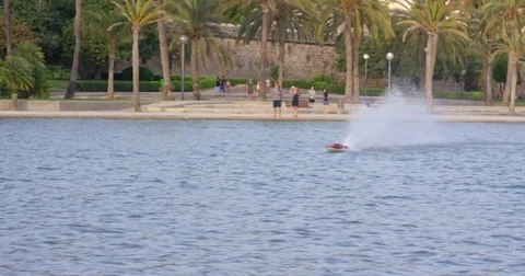 Radio controlled model of a motor torpedo boat on a boating lake. Palpa de Stock Footage 78636763