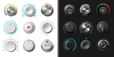 Radio dial. 3D knob buttons. Circle music switch. Round modern rotate control Stock Illustration