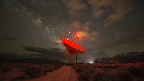 Radio dish under the night sky at Owens Valley Radio Observatory Stock Footage 110718189