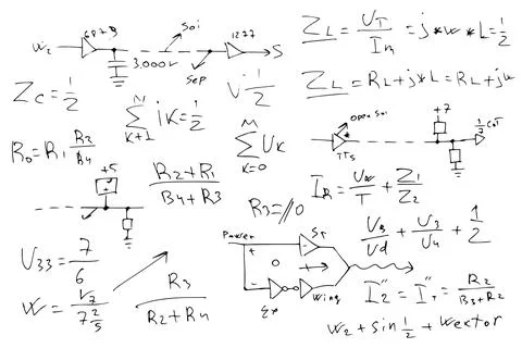 Radio engineering schemes. electronic formulas and expressions. scientific and Stock Illustration