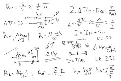 Radio engineering schemes. electronic formulas and expressions. scientific and Stock Illustration
