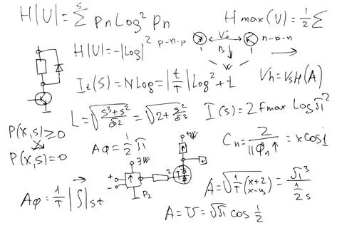 Radio engineering schemes. electronic formulas and expressions. scientific and Stock Illustration