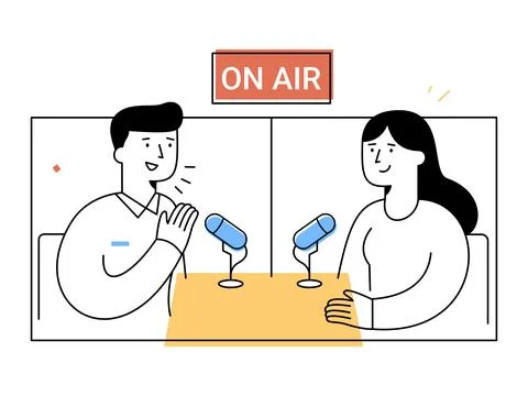 A radio host and guest sit at table with microphones engaging in lively int.. Stock Illustration