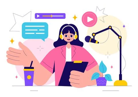 Radio Host Illustration Featuring People Wearing Headphones While Talking a.. Stock Illustration