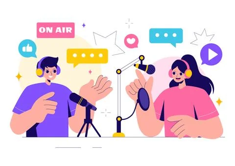Radio Host Illustration Featuring People Wearing Headphones While Talking a.. Stock Illustration
