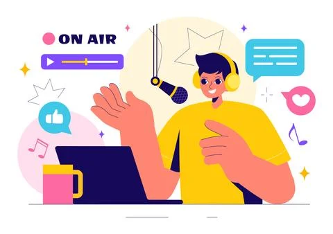 Radio Host Illustration Featuring People Wearing Headphones While Talking a.. Stock Illustration