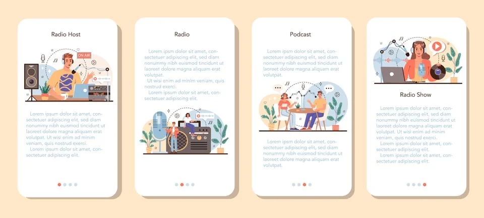 Radio host mobile application banner set. Idea of news broadcasting Stock Illustration