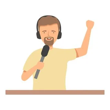 Radio host speaking into microphone wearing headphones talking on the radio Stock Illustration