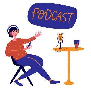 Radio host with table flat vector illustration. Joyful person radio host inte Stock Illustration