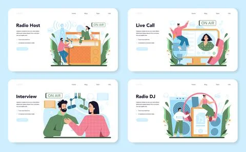 Radio host web banner or landing page set. Idea of news broadcast in the studio Stock Illustration