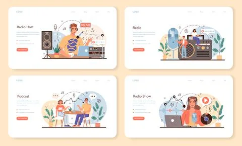 Radio host web banner or landing page set. Idea of news broadcasting Stock Illustration