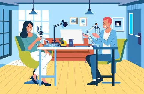 Radio interview between announcers and sources in the studio, modern studio i Stock Illustration