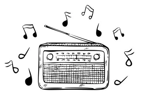 Radio with notes vector illustration. Hand drawn linear sketch of FM tuner Stock Illustration