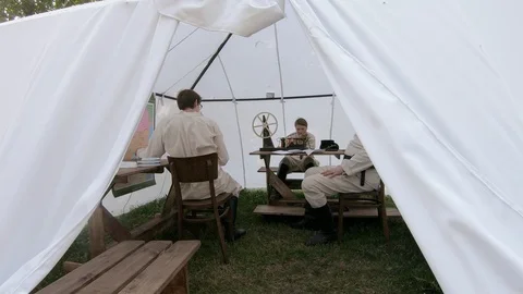 Radio operators in a field tent Stock Footage 109803964