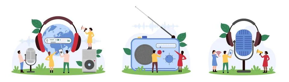 Radio podcast, broadcast set, tiny people record voice interview, music using Stock Illustration