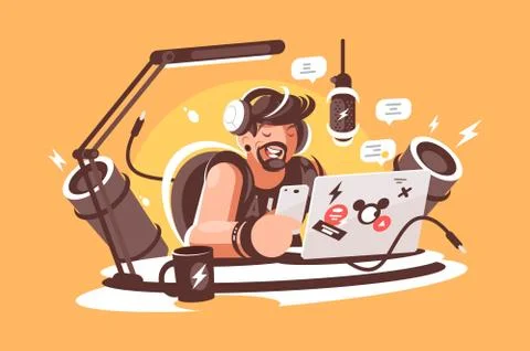 Radio, presenter broadcasting in studio Illustrazione stock