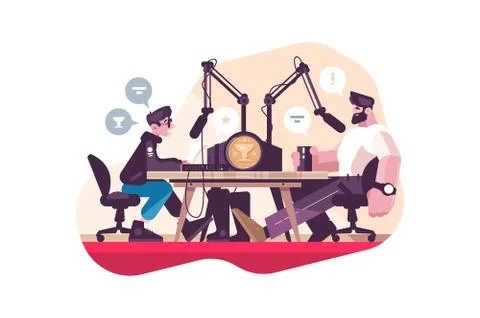 Radio presenter interviewing man at studio Stock Illustration